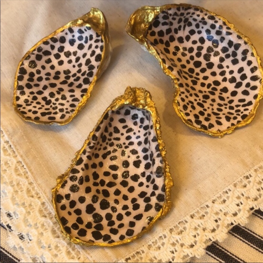 Animal Spotted Découpage Bundle of 3 Oyster Shell Ring & Trinket Dishes